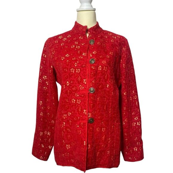 Chicos Red &Gold Tone Mandarin Brocade Floral Blazer/Jacket Women's Size 1/Small - Picture 1 of 16